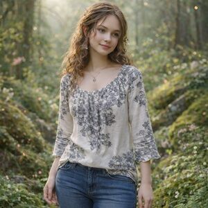 Fairycore Soft Lace-Print Top Sz M Studded Cottagecore Fairy Feminine Delicate